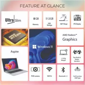 Acer Aspire 15 AS15-42 Ryzen 5 7430U 8GB RAM 512GB SSD 15.6 Inch FHD IPS Laptop (Pure Silver)-gallery-7