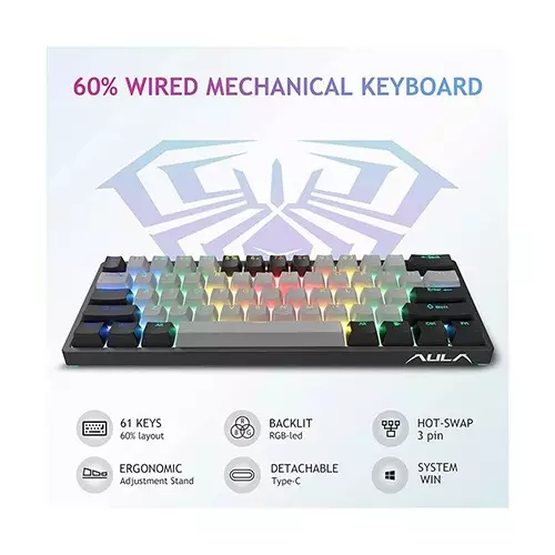 Aula F3261 RGB Hot Swap Blue Switch Wired Mechanical Gaming Keyboard (Black Gray)-gallery-3