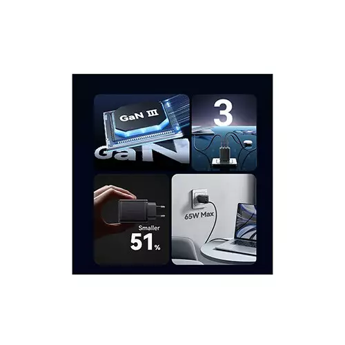 Vention FERB0-EU 3-Port USB & Dual USB-C 65W GaN Charging Adapter - Black-gallery-1