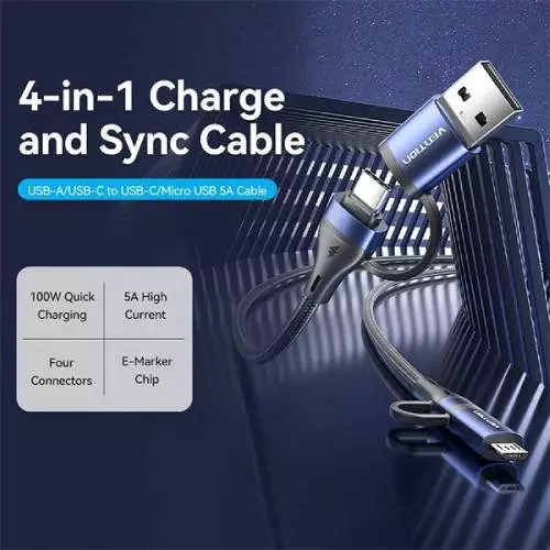 Vention CTLLG 4-in-1 Cotton Braided USB 2.0 5A Cable - 1.5M-gallery-1
