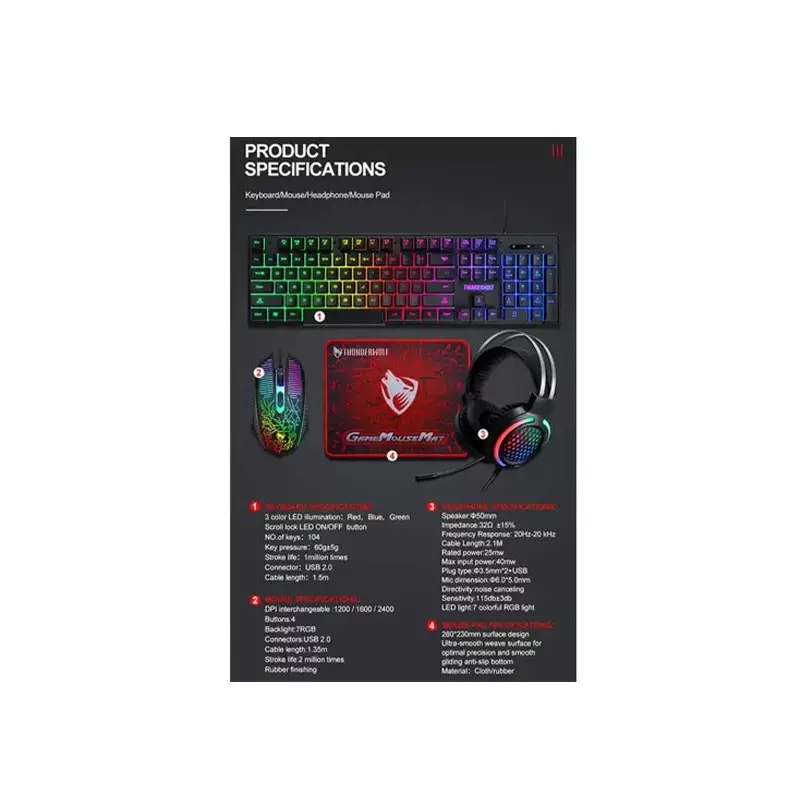 T-WOLF TF400 GAMING KEYBOARD MOUSE HEADSET MOUSE PAD 4 IN 1 COMBO-gallery-5