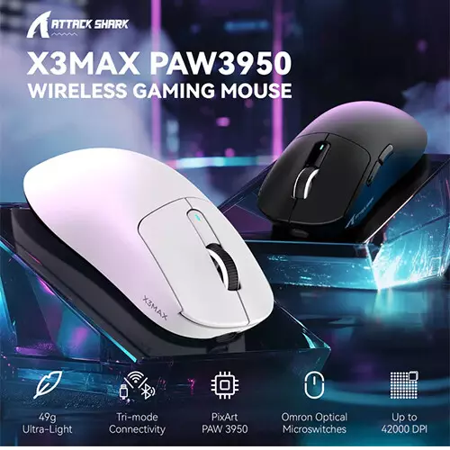 ATTACK SHARK X3 MAX Tri-mode PAW3950 42000DPI Gaming Mouse (White)-gallery-1